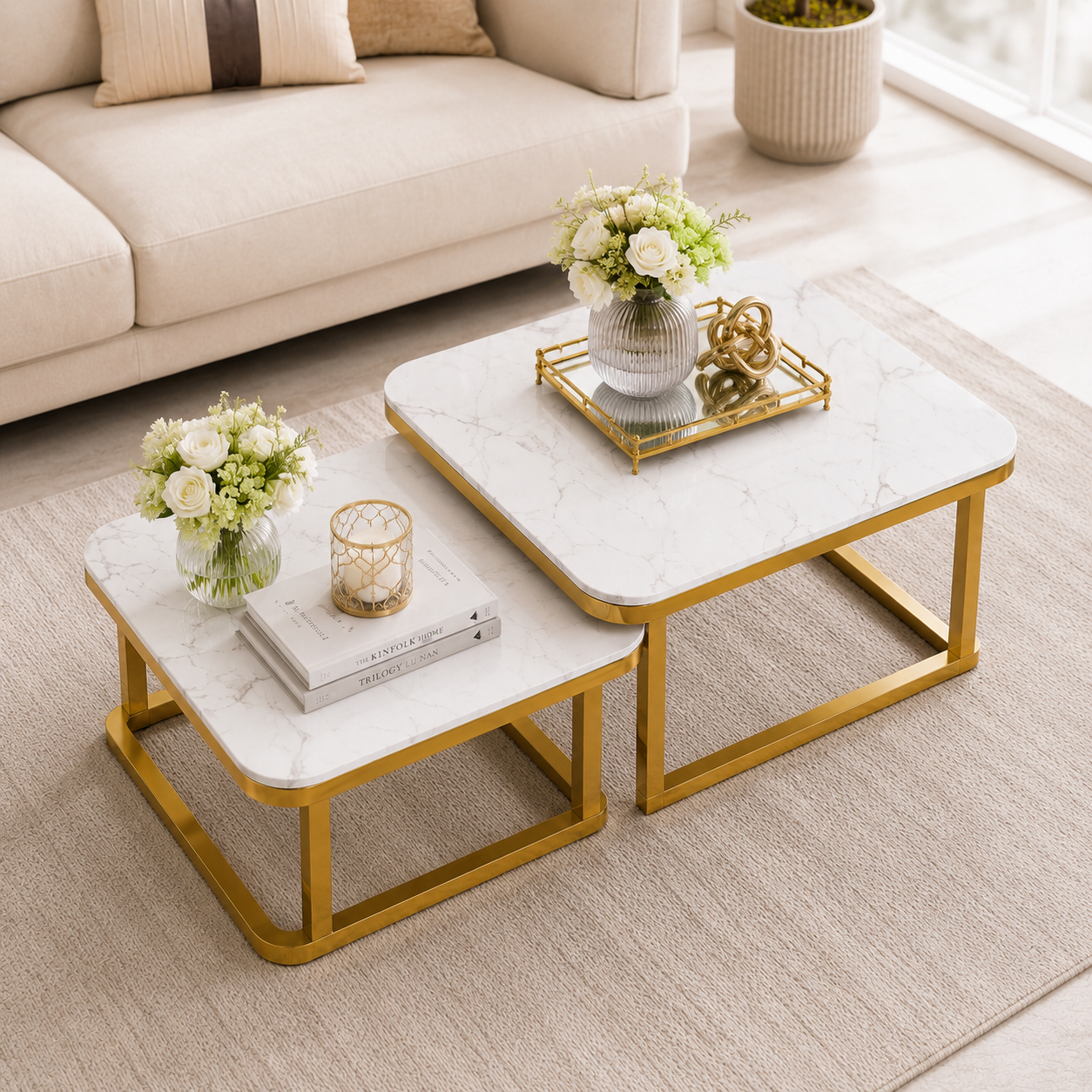 Square Stainless Steel PVD Center Table Set of 2 with White Marble Tops and Open Golden Frames