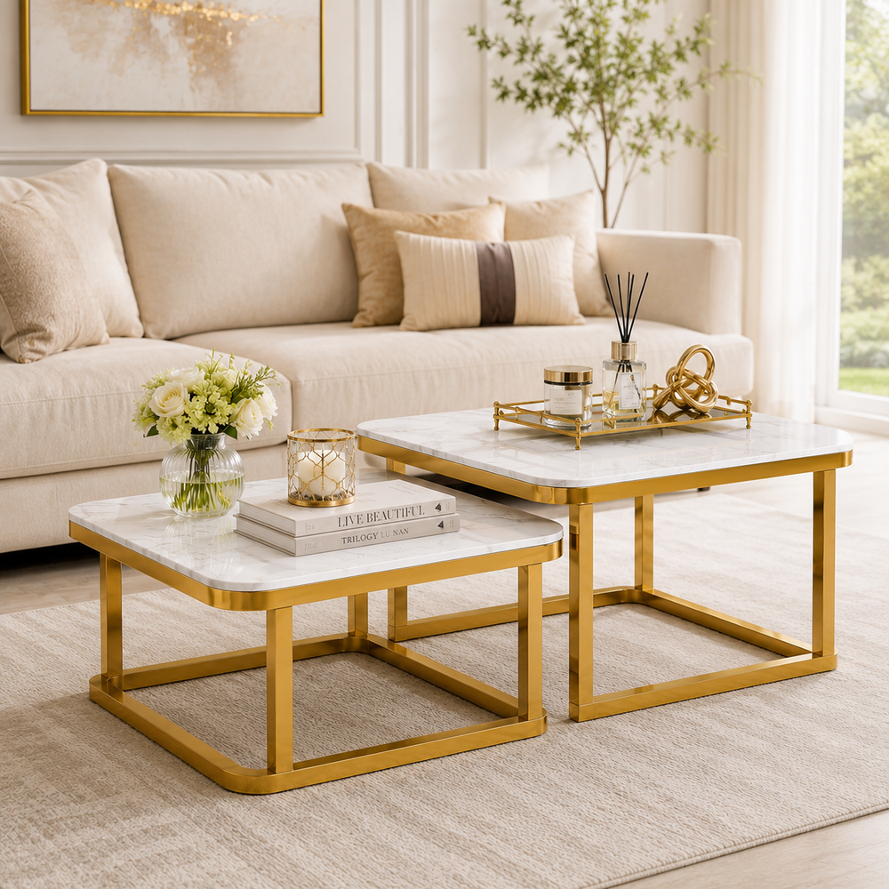Square Stainless Steel PVD Center Table Set of 2 with White Marble Tops and Open Golden Frames