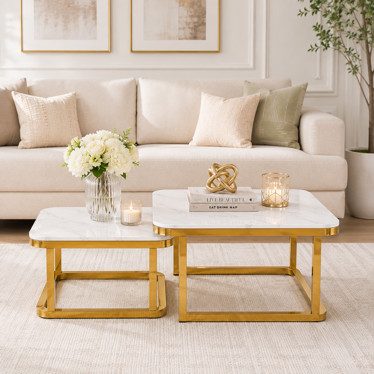 Square Stainless Steel PVD Center Table Set of 2 with White Marble Tops and Open Golden Frames