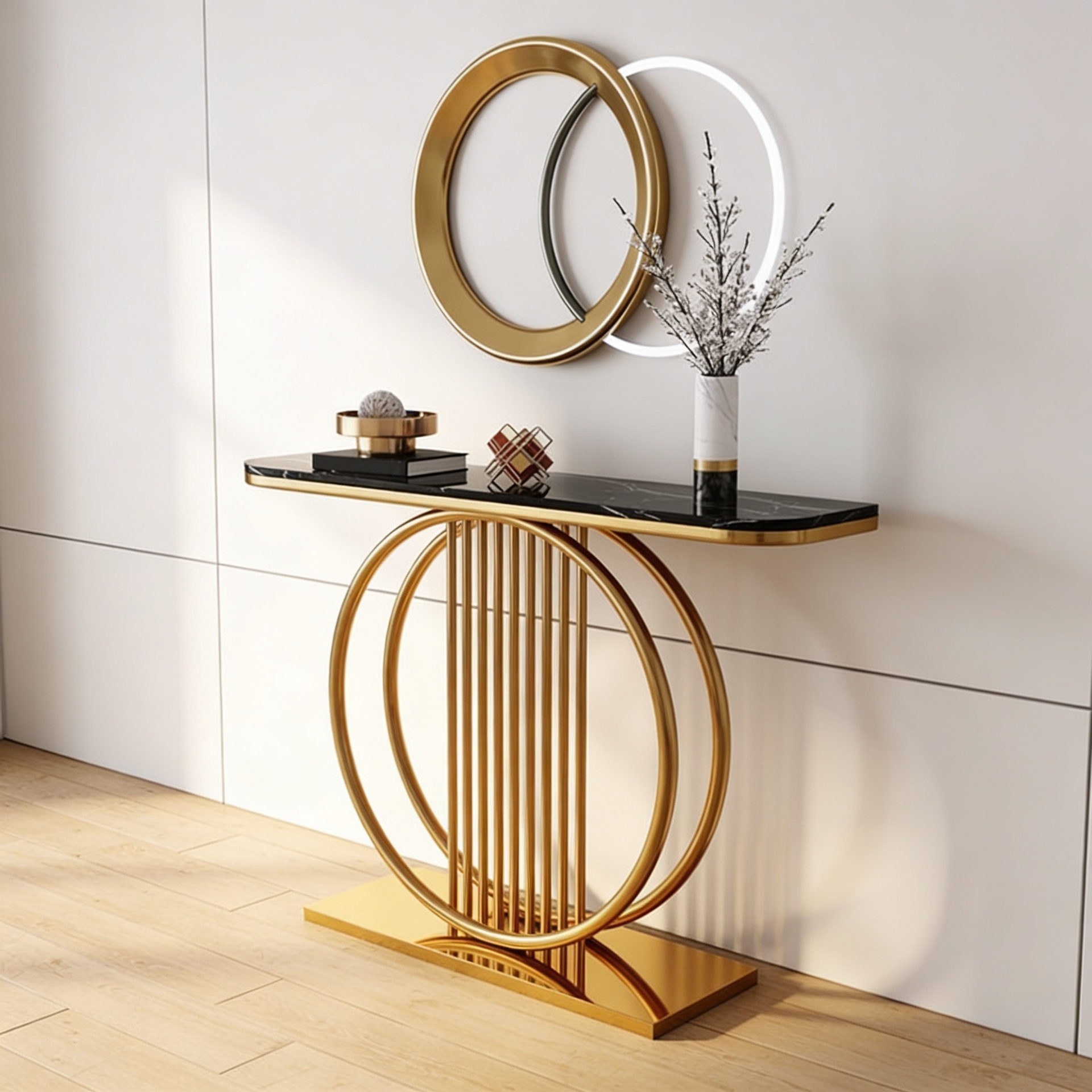 Circular Decorative Golden Metal with Black Marble Finish Stylish Console Table