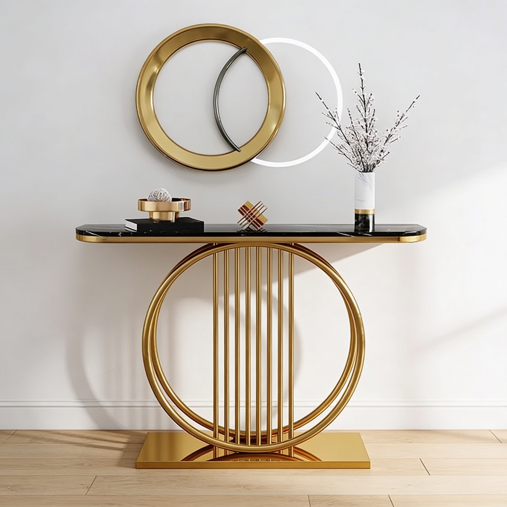 Circular Decorative Golden Metal with Black Marble Finish Stylish Console Table