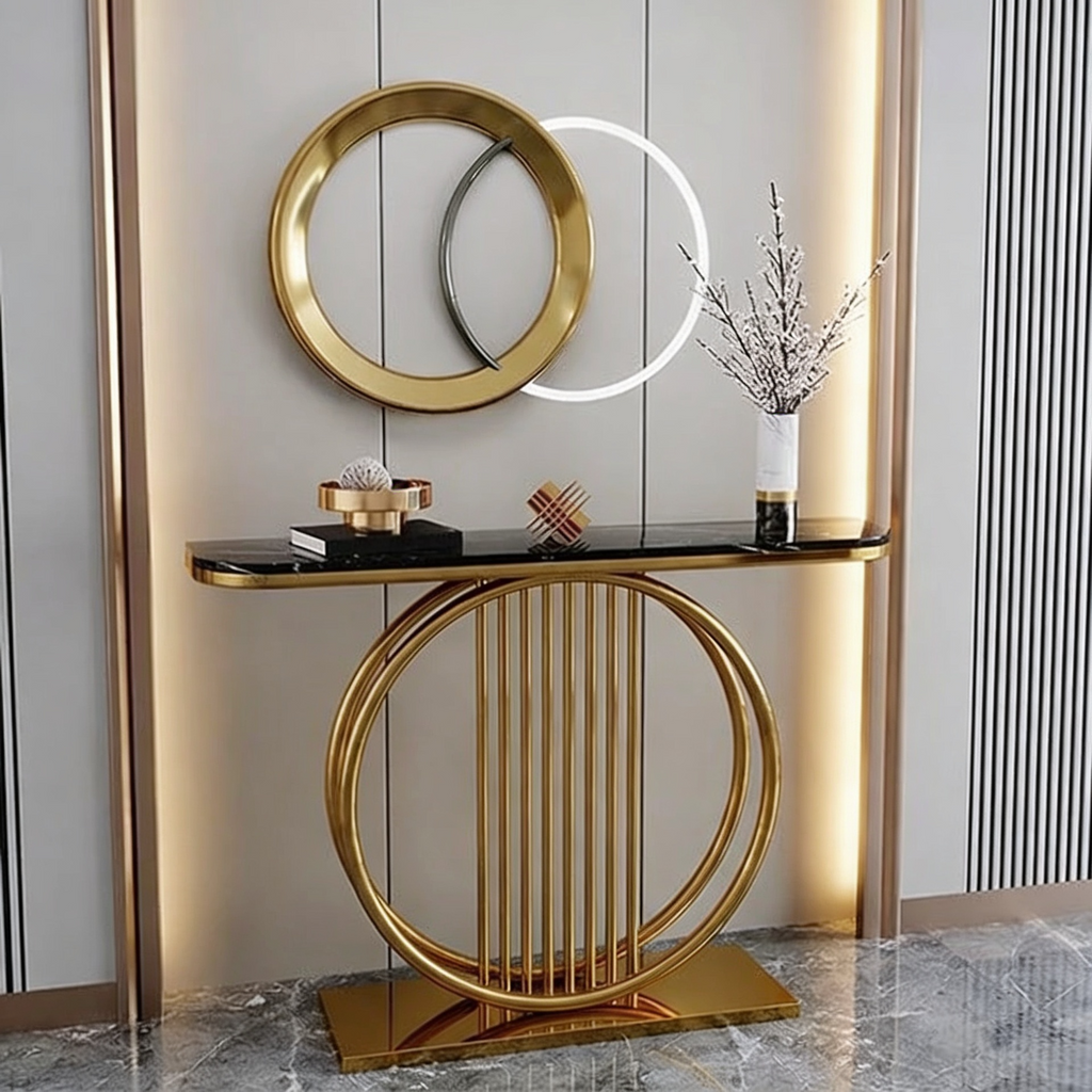 Circular Decorative Golden Metal with Black Marble Finish Stylish Console Table