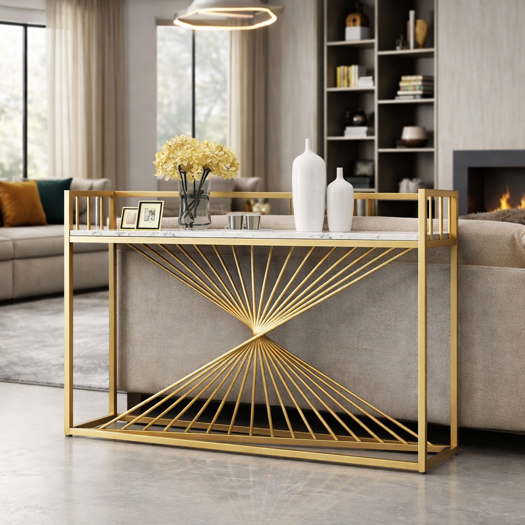 Nordic Premium Golden Artistic Metal Finish Console Table