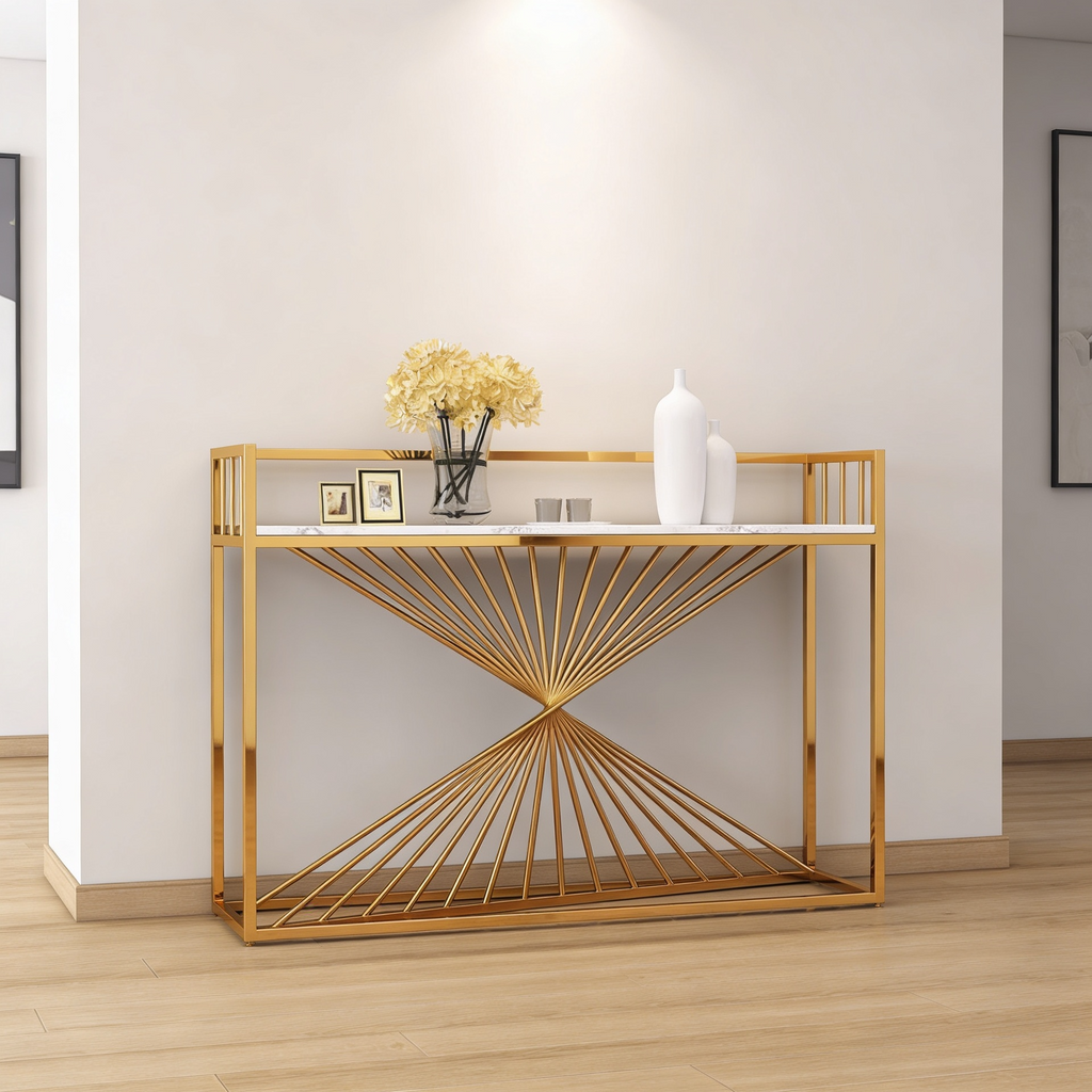 Nordic Premium Golden Artistic Metal Finish Console Table