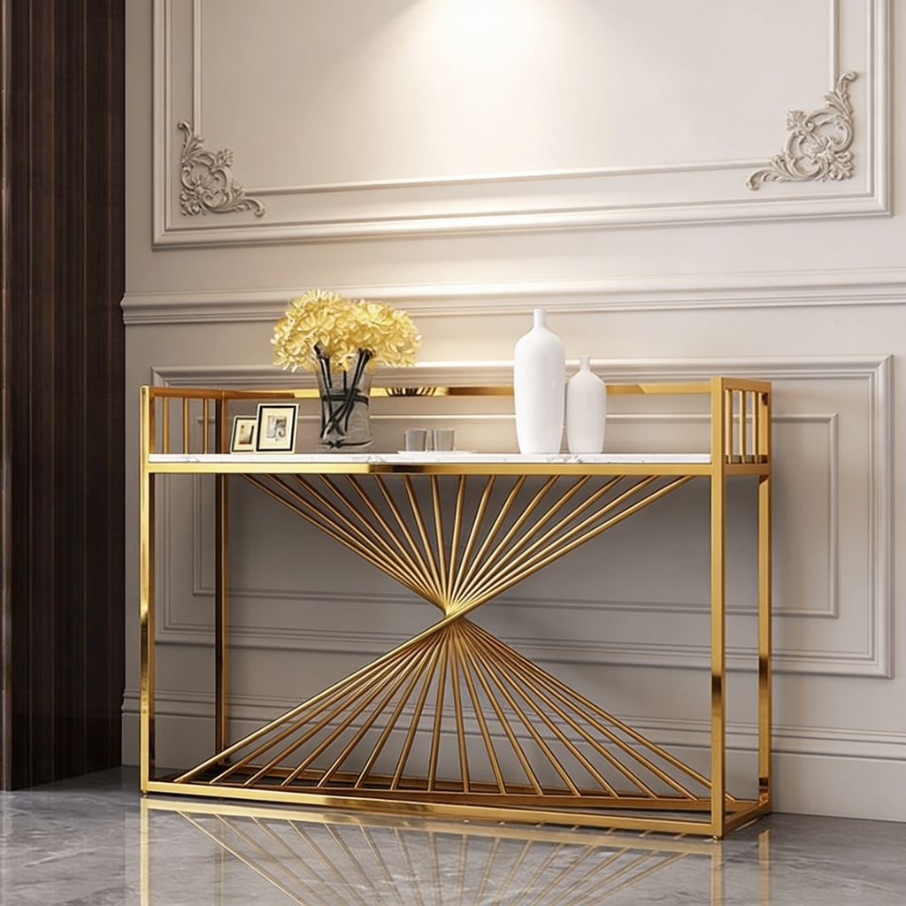 Nordic Premium Golden Artistic Metal Finish Console Table