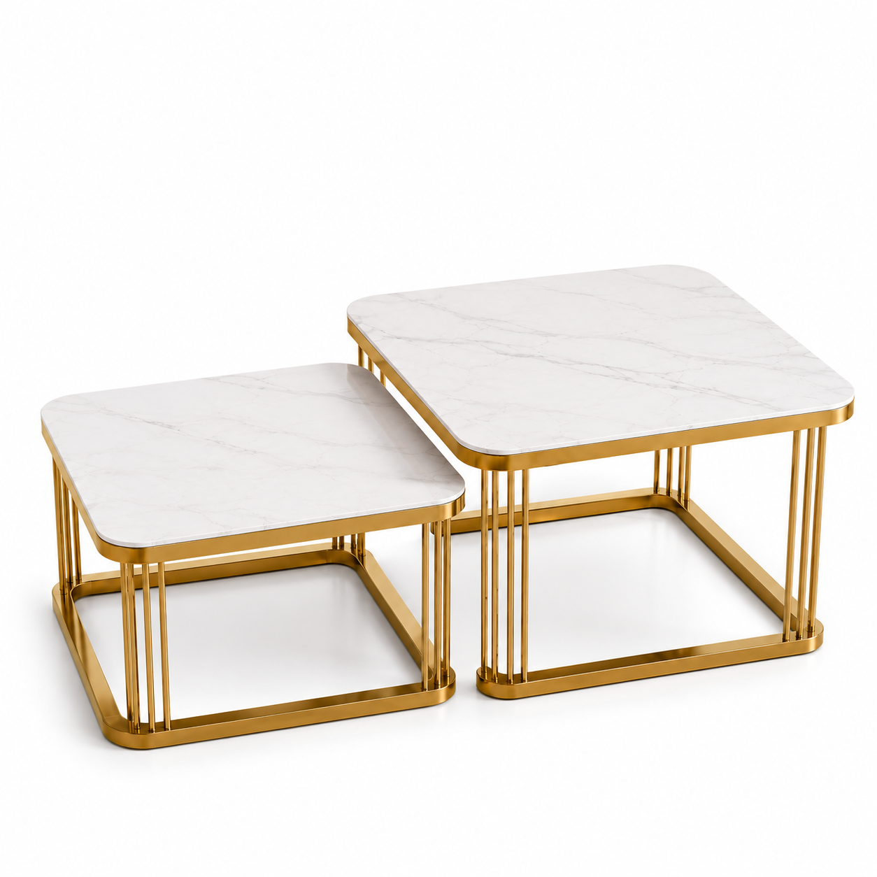 Designer Gold Stainless Steel PVD Nesting Center Tables with Square Marble Surfaces