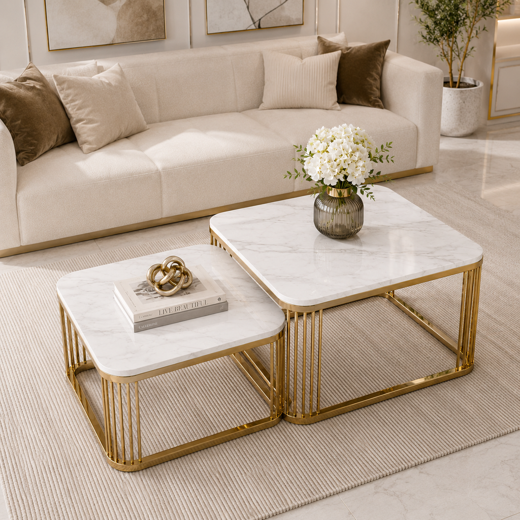 Designer Gold Stainless Steel PVD Nesting Center Tables with Square Marble Surfaces