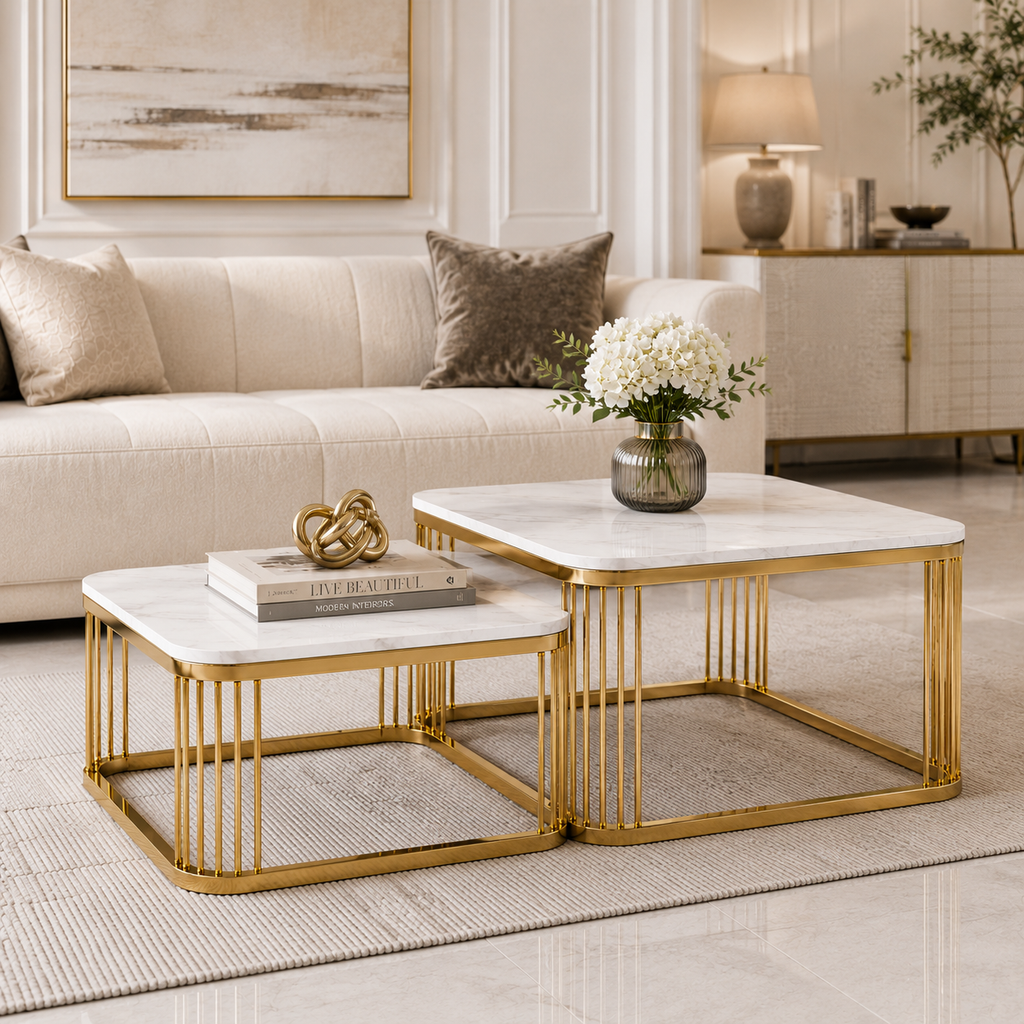 Designer Gold Stainless Steel PVD Nesting Center Tables with Square Marble Surfaces