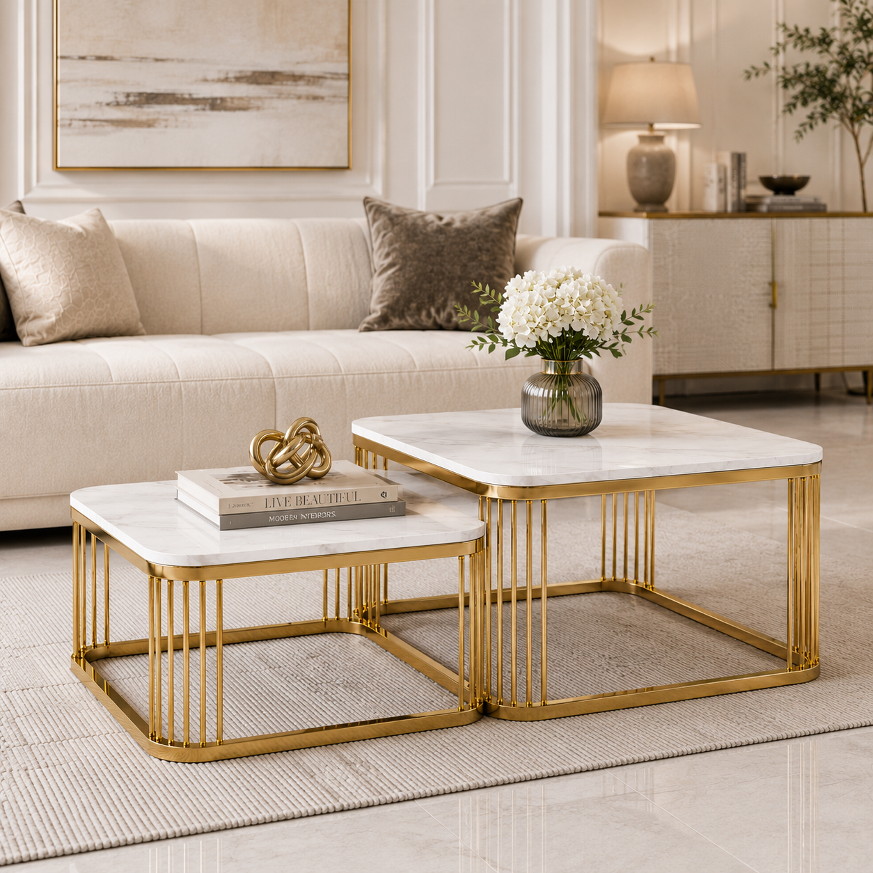Designer Gold Stainless Steel PVD Nesting Center Tables with Square Marble Surfaces