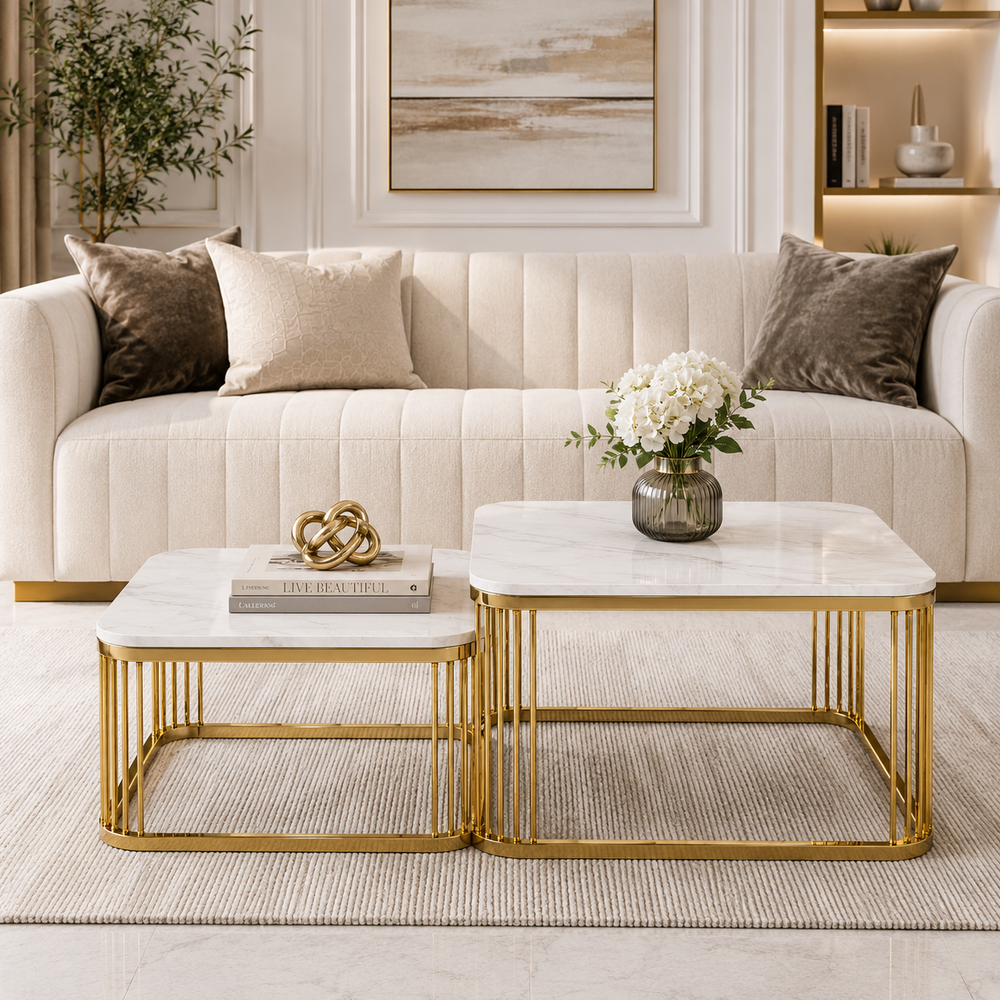 Designer Gold Stainless Steel PVD Nesting Center Tables with Square Marble Surfaces