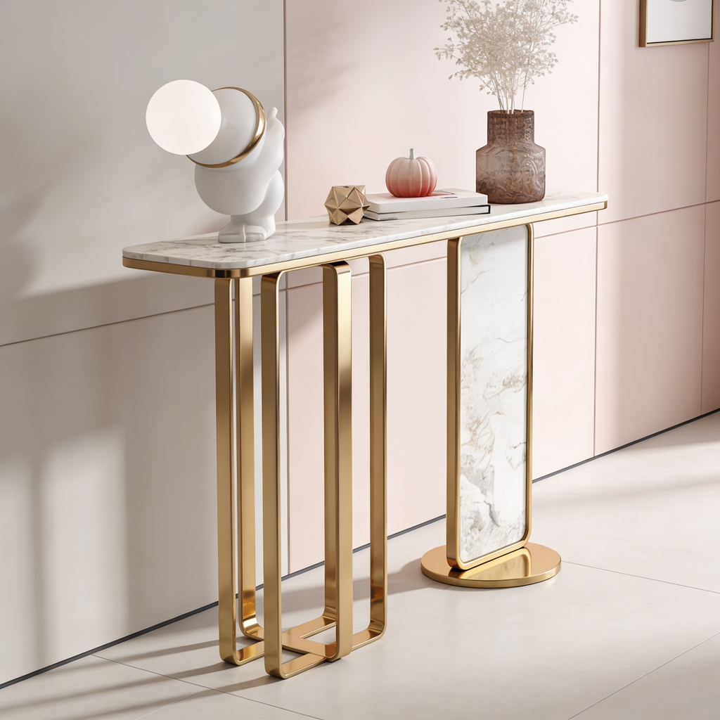 Modern White Marble Console Table with Dual-Leg Gold Design