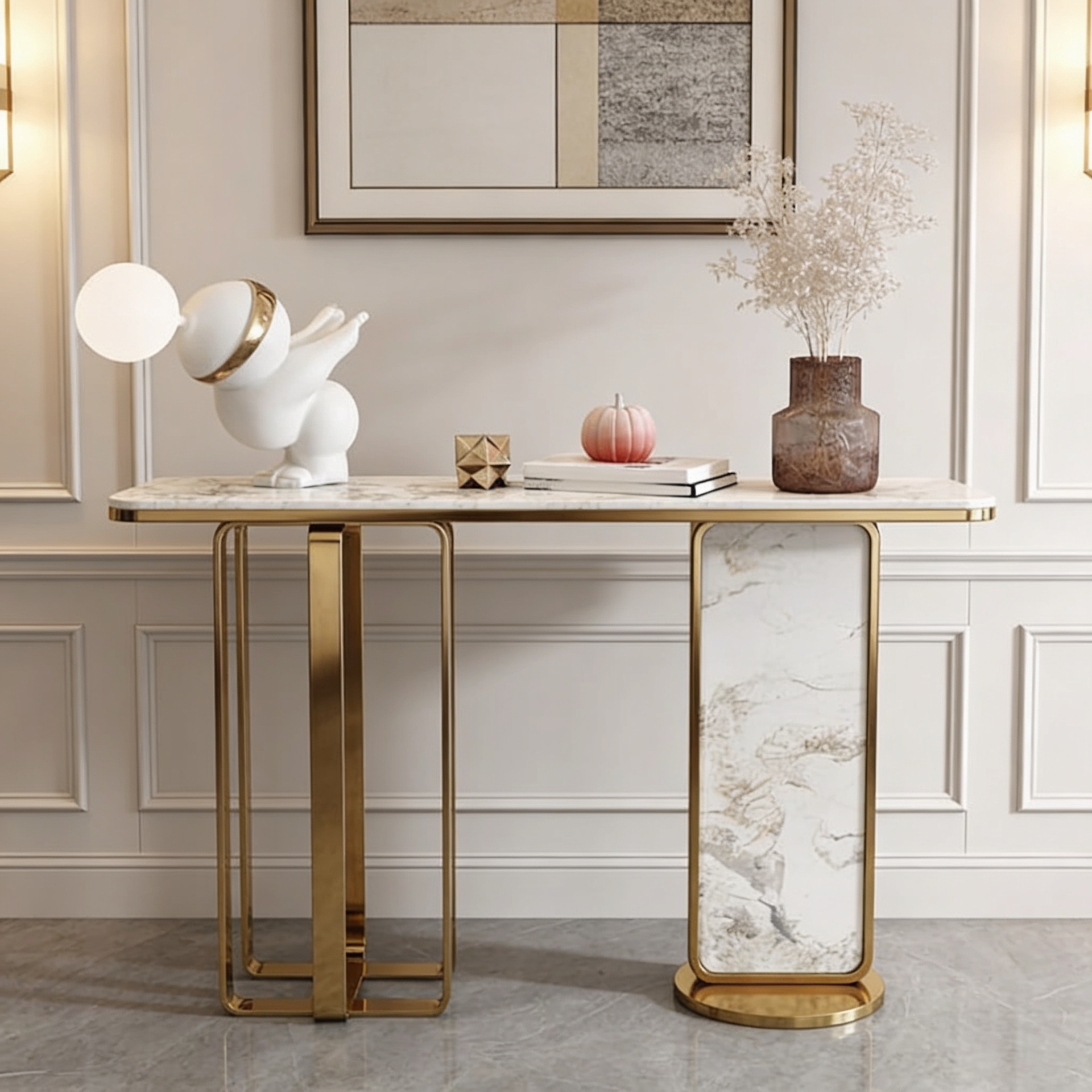 Modern White Marble Console Table with Dual-Leg Gold Design