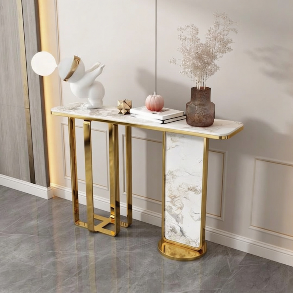 Modern White Marble Console Table with Dual-Leg Gold Design