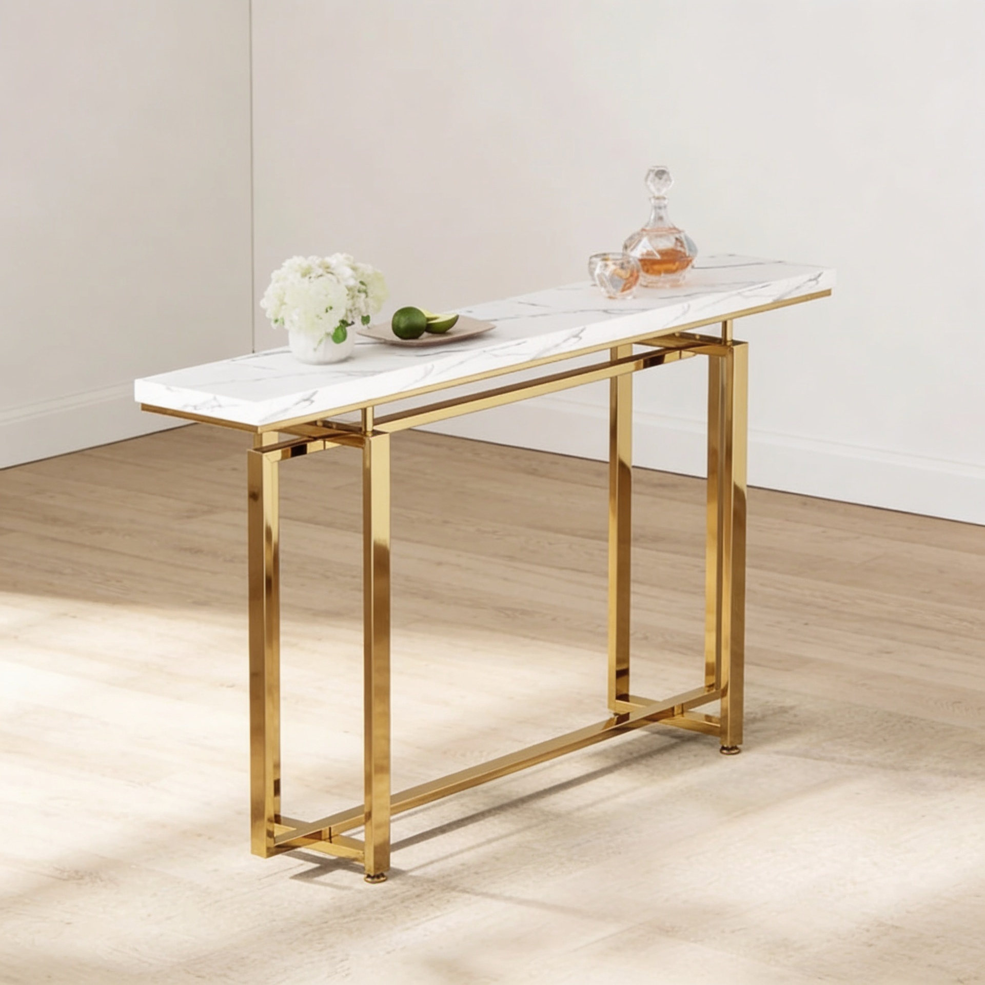 Premium Golden Finish Console Table with Faux Marble Surface