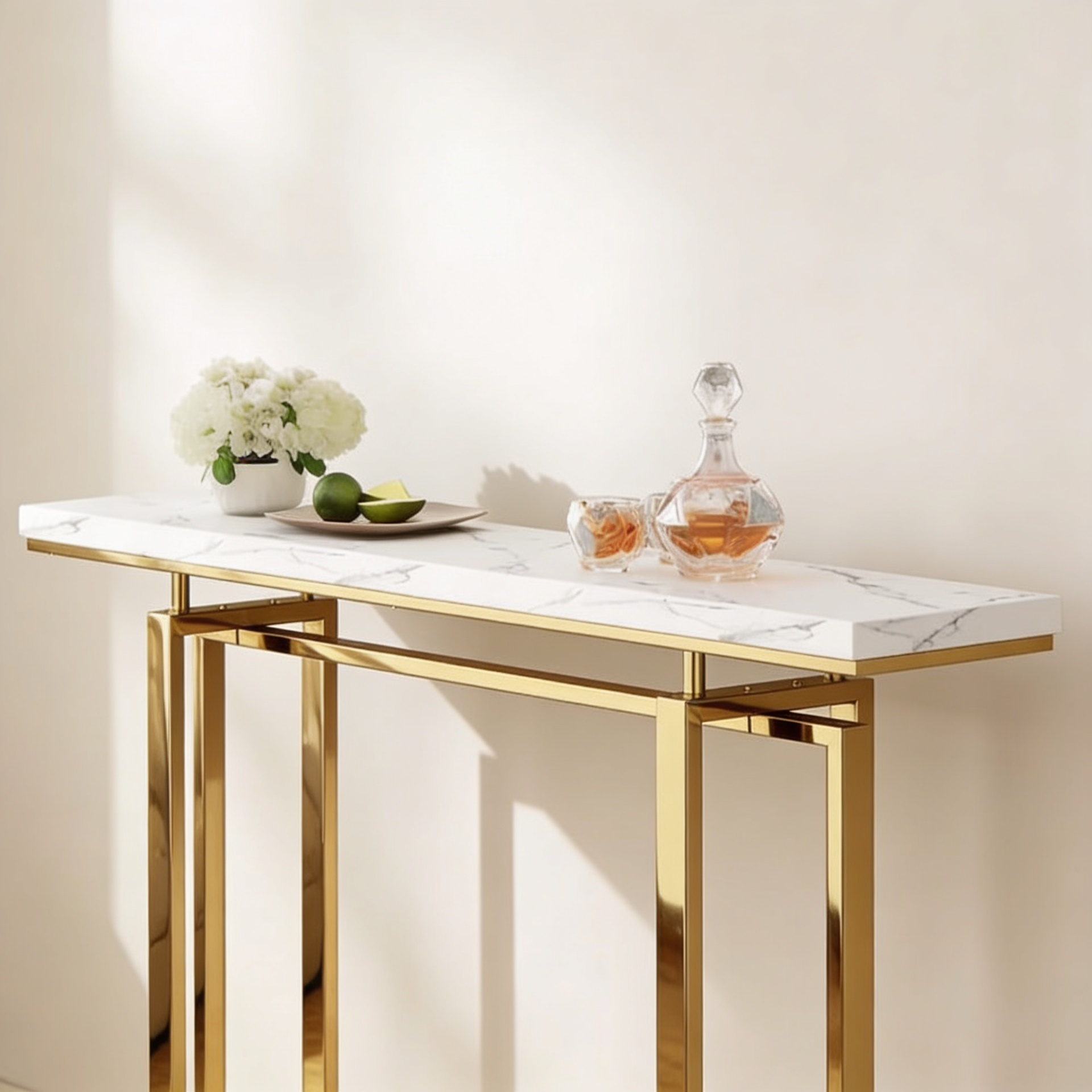 Premium Golden Finish Console Table with Faux Marble Surface