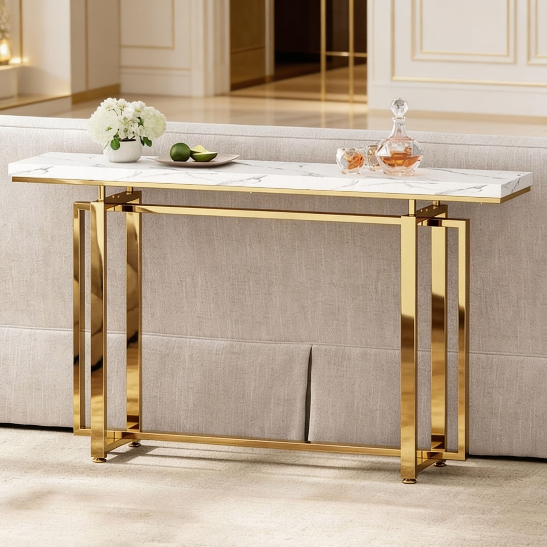 Premium Golden Finish Console Table with Faux Marble Surface