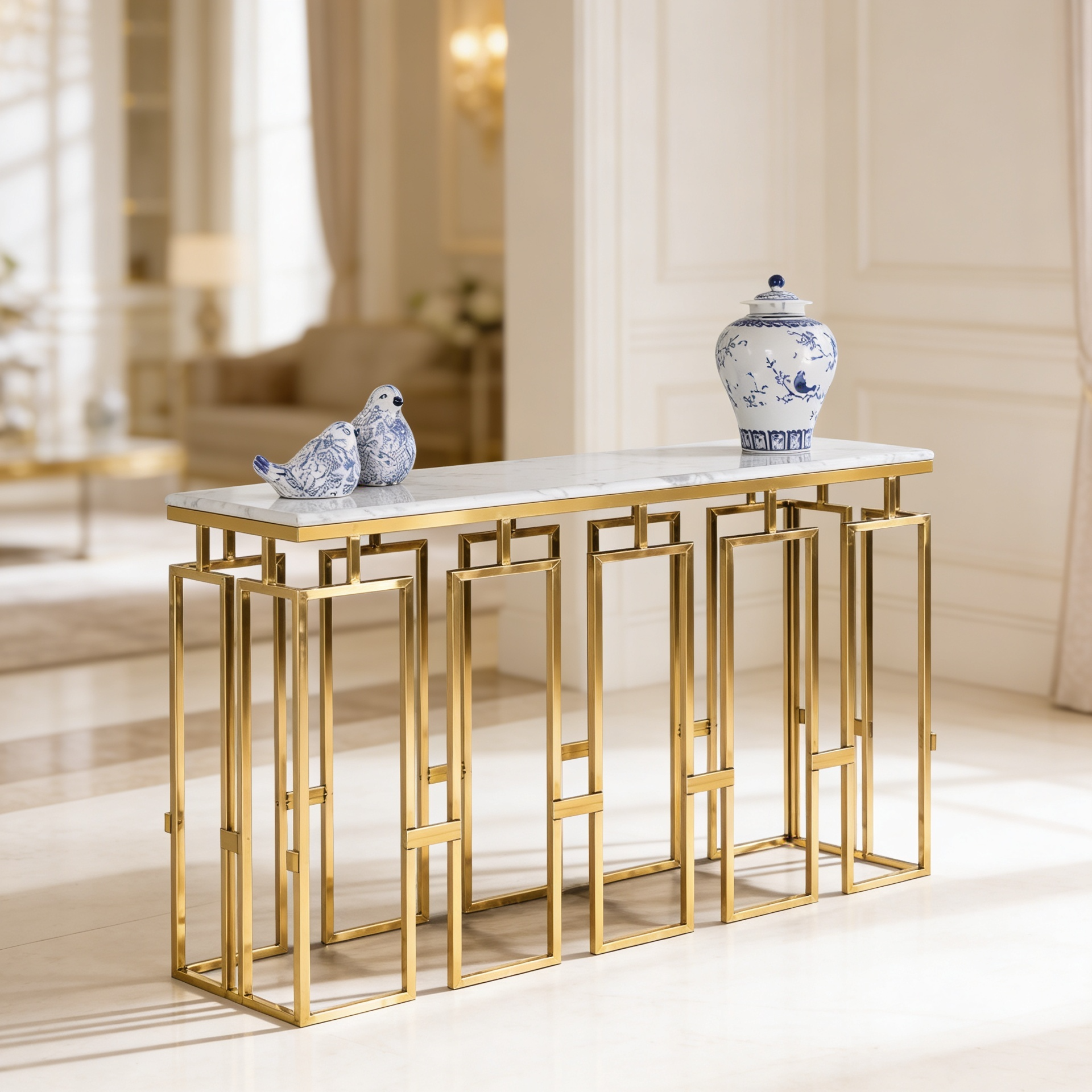 Modern Geometric Console Table with Abstract Golden Metal Finish