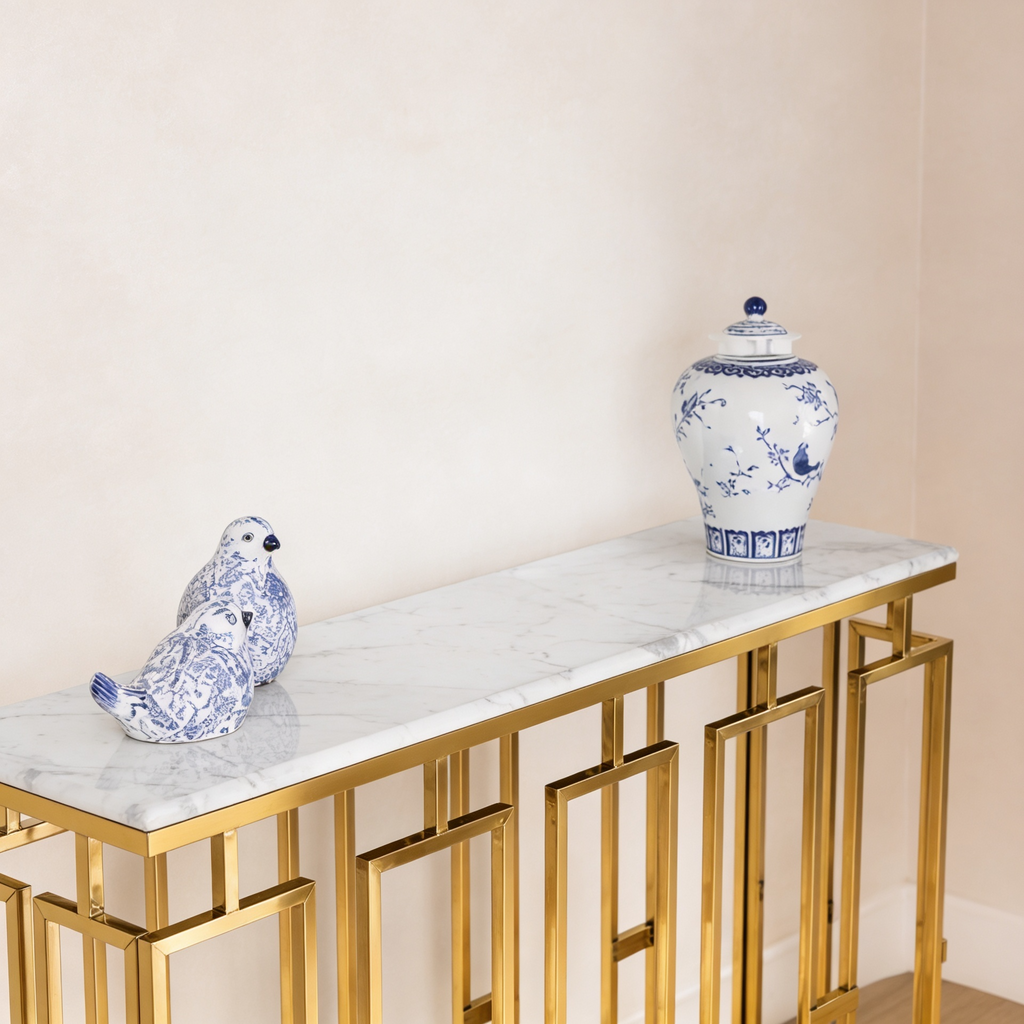 Modern Geometric Console Table with Abstract Golden Metal Finish