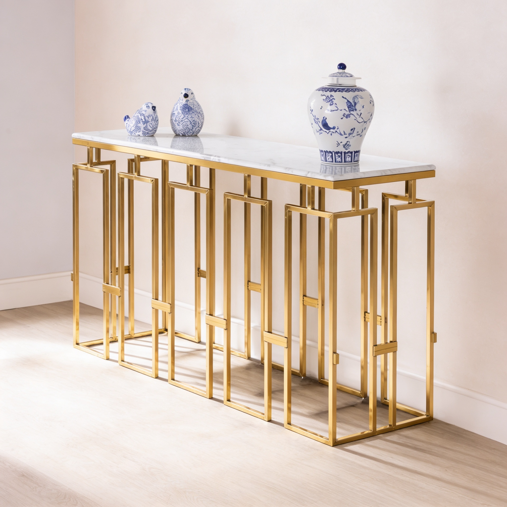 Modern Geometric Console Table with Abstract Golden Metal Finish