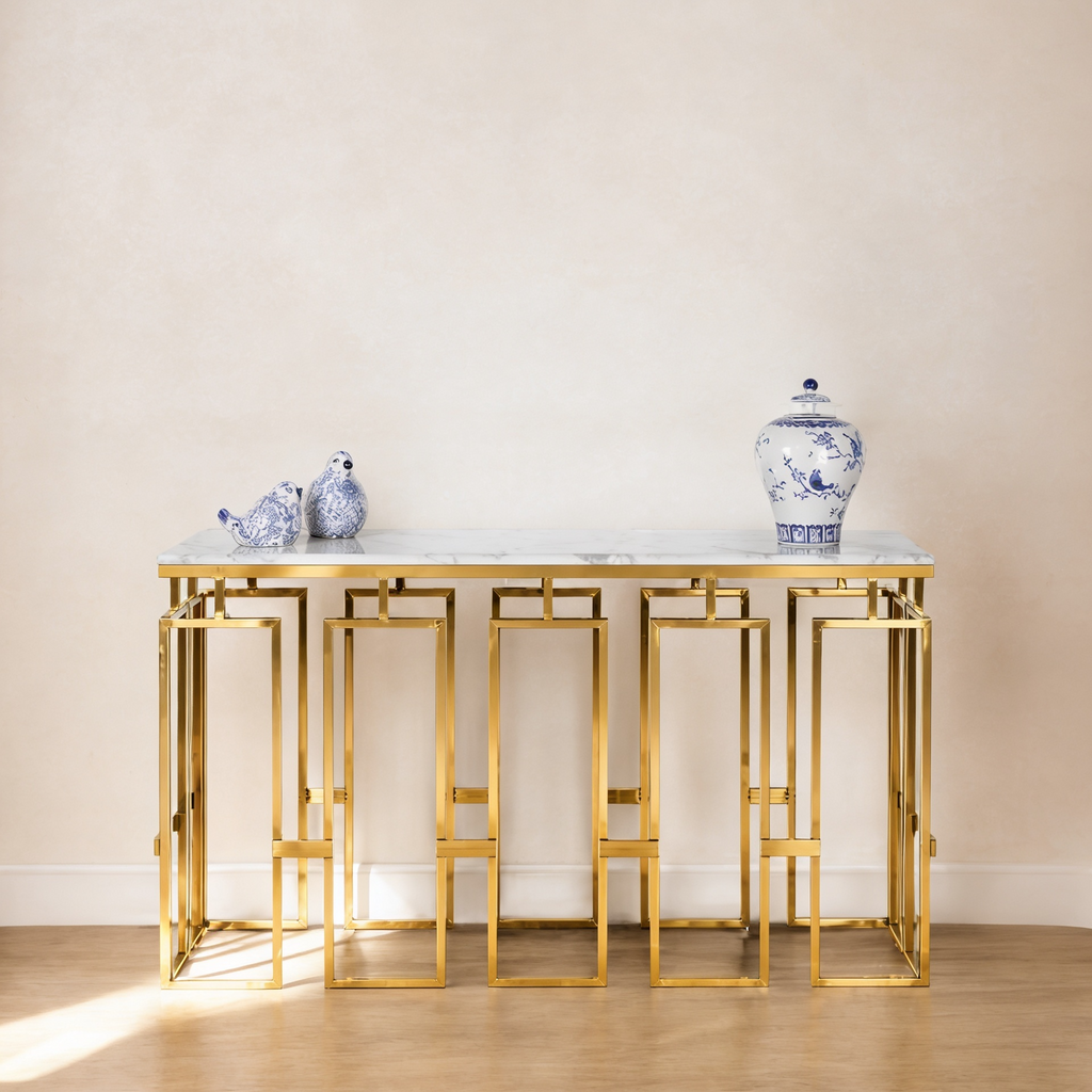 Modern Geometric Console Table with Abstract Golden Metal Finish