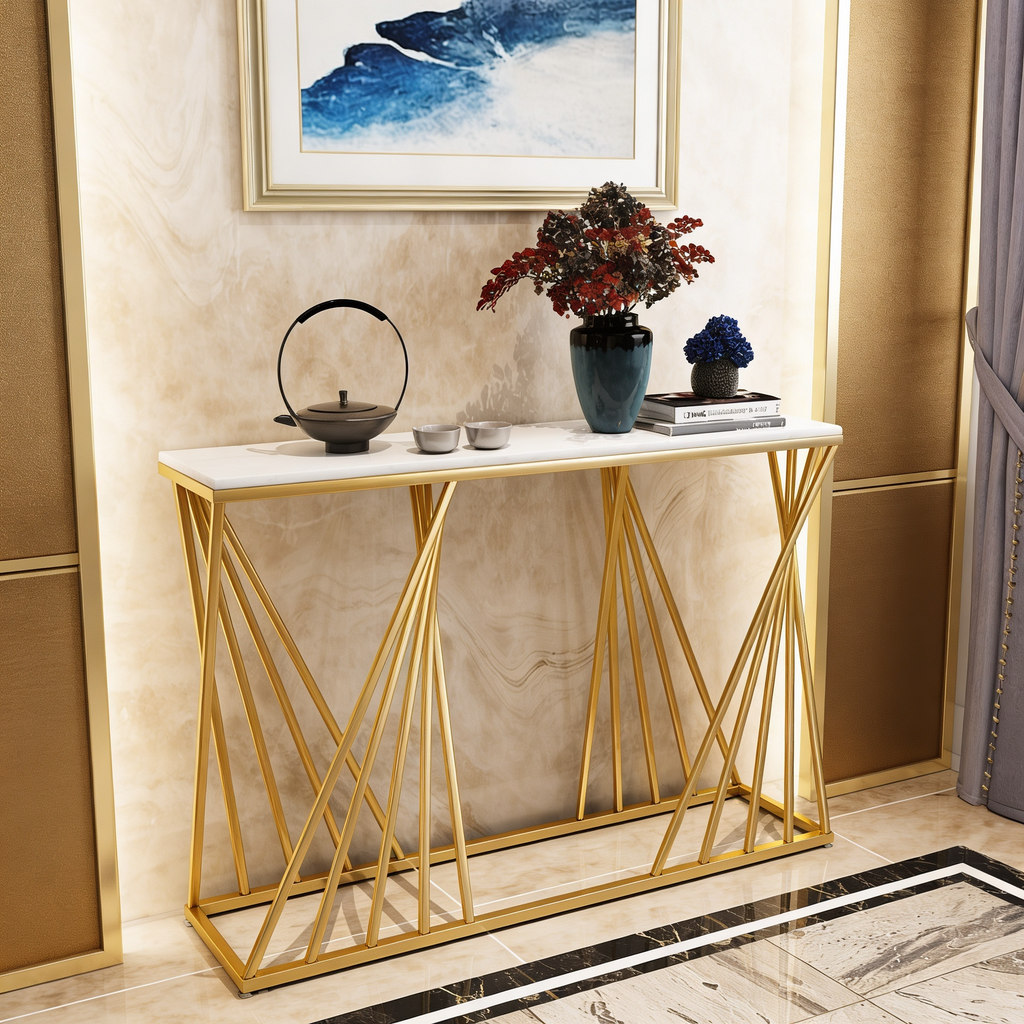 Luxury Golden Metal Finish Console Table with Criss-Cross Base