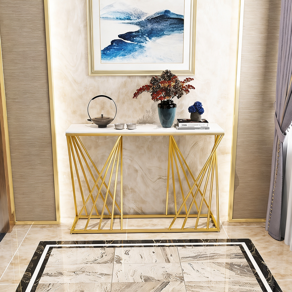 Luxury Golden Metal Finish Console Table with Criss-Cross Base
