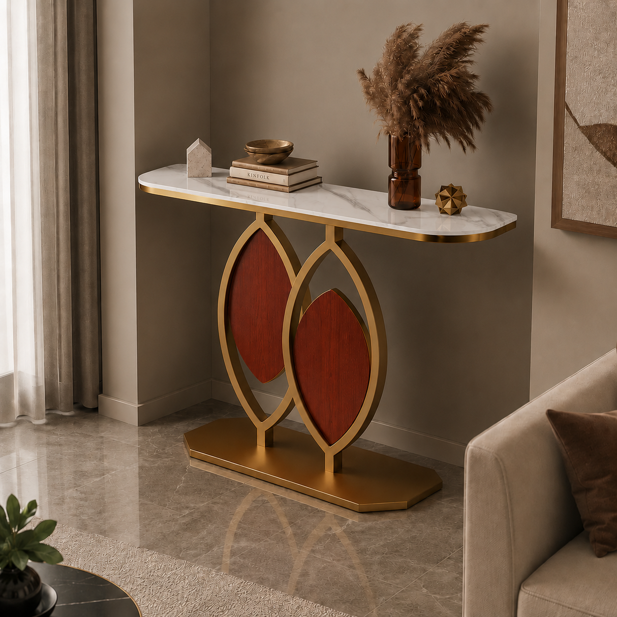 Artistic Console Table with White Marble Top and Leaf Inspired Base