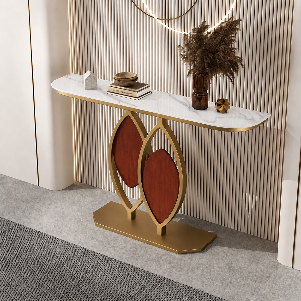 Artistic Console Table with White Marble Top and Leaf Inspired Base