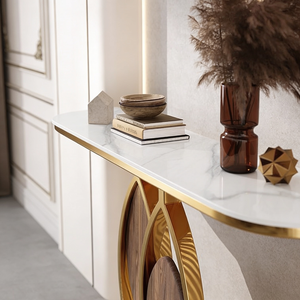 Artistic Console Table with White Marble Top and Leaf Inspired Base