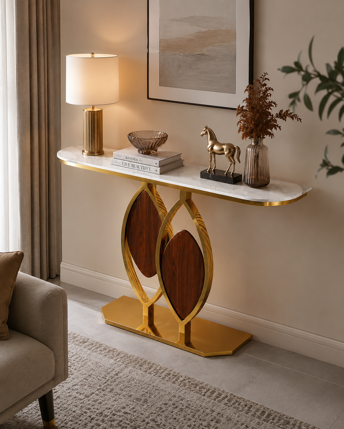 Artistic Console Table with White Marble Top and Leaf Inspired Base