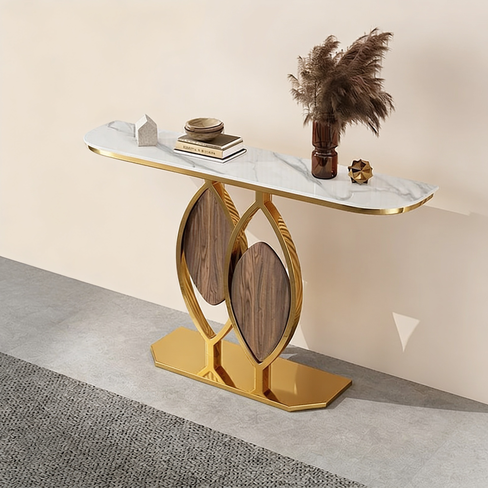 Artistic Console Table with White Marble Top and Leaf Inspired Base