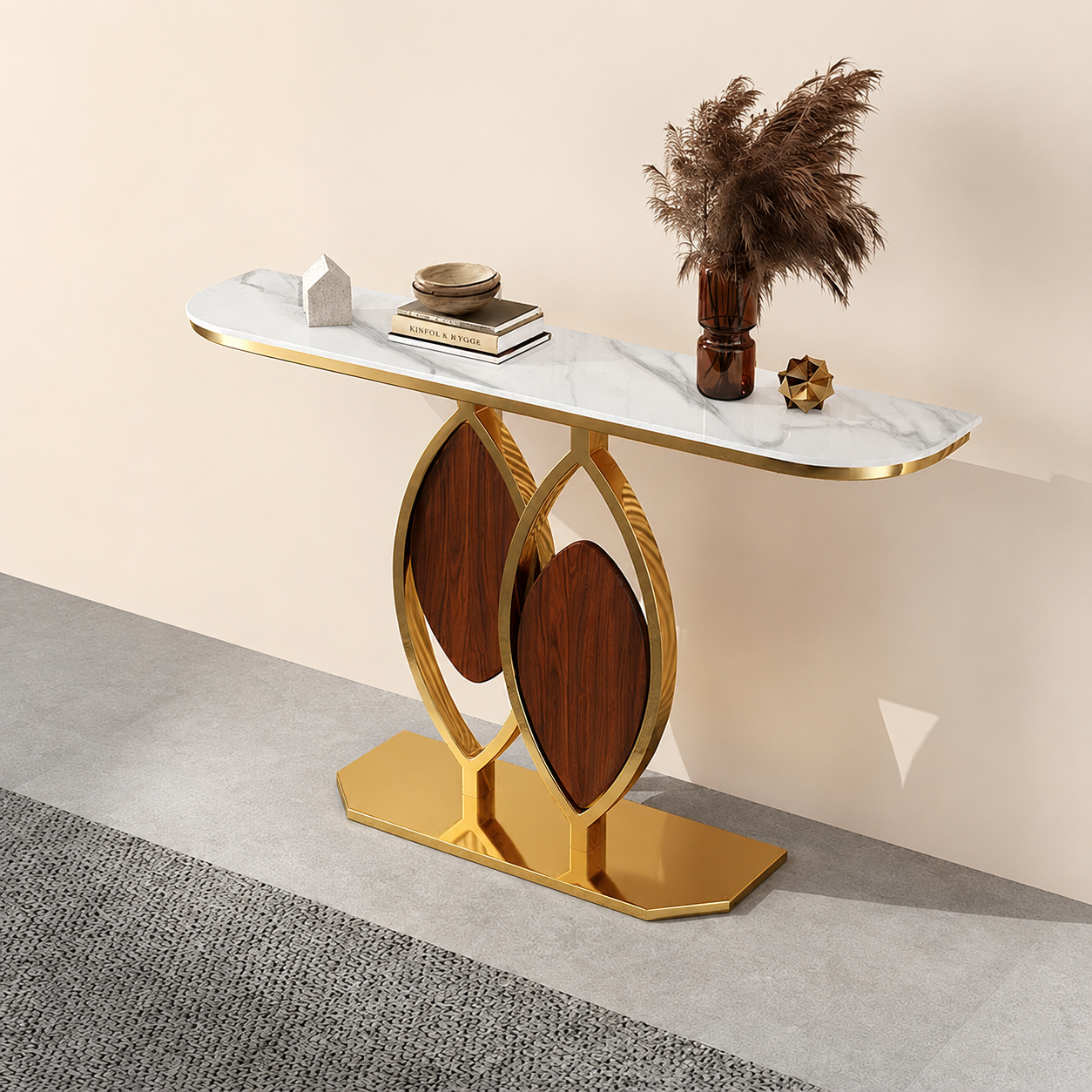 Artistic Console Table with White Marble Top and Leaf Inspired Base