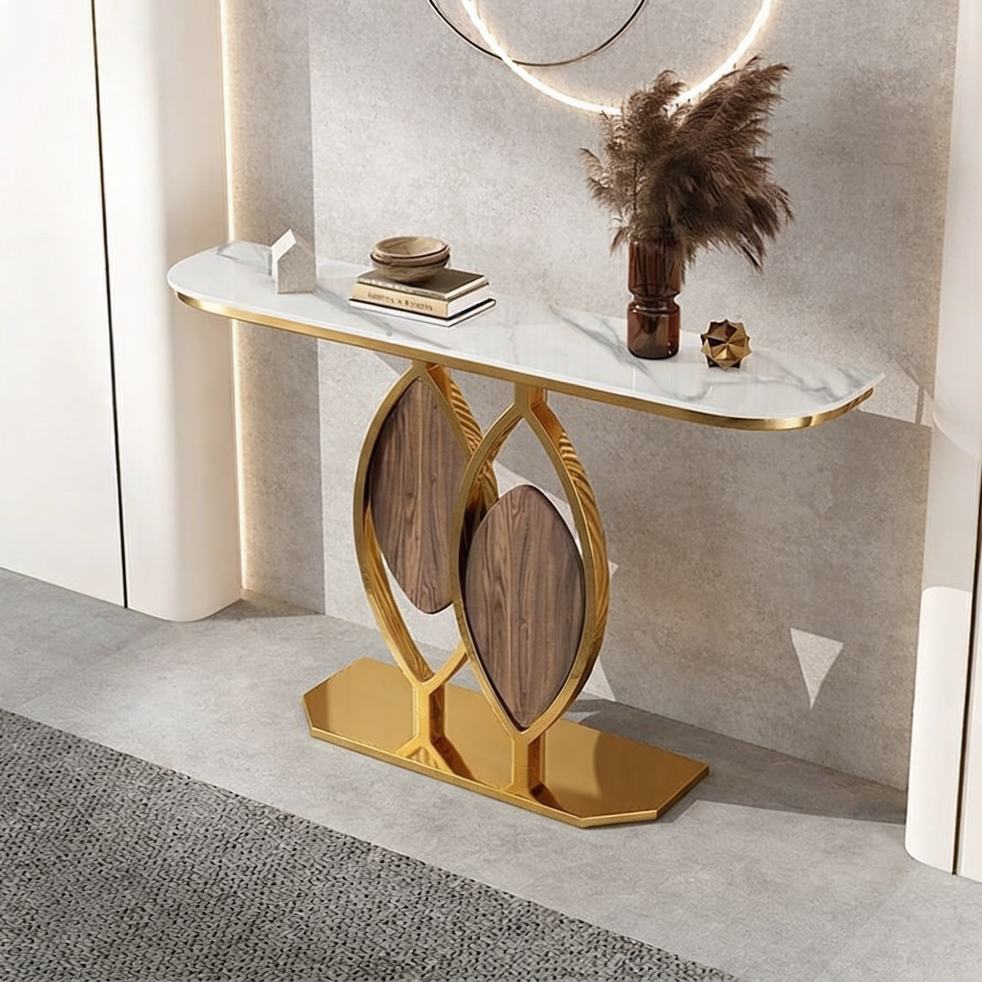 Artistic Console Table with White Marble Top and Leaf Inspired Base