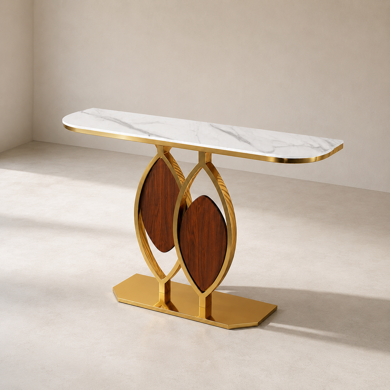 Artistic Console Table with White Marble Top and Leaf Inspired Base
