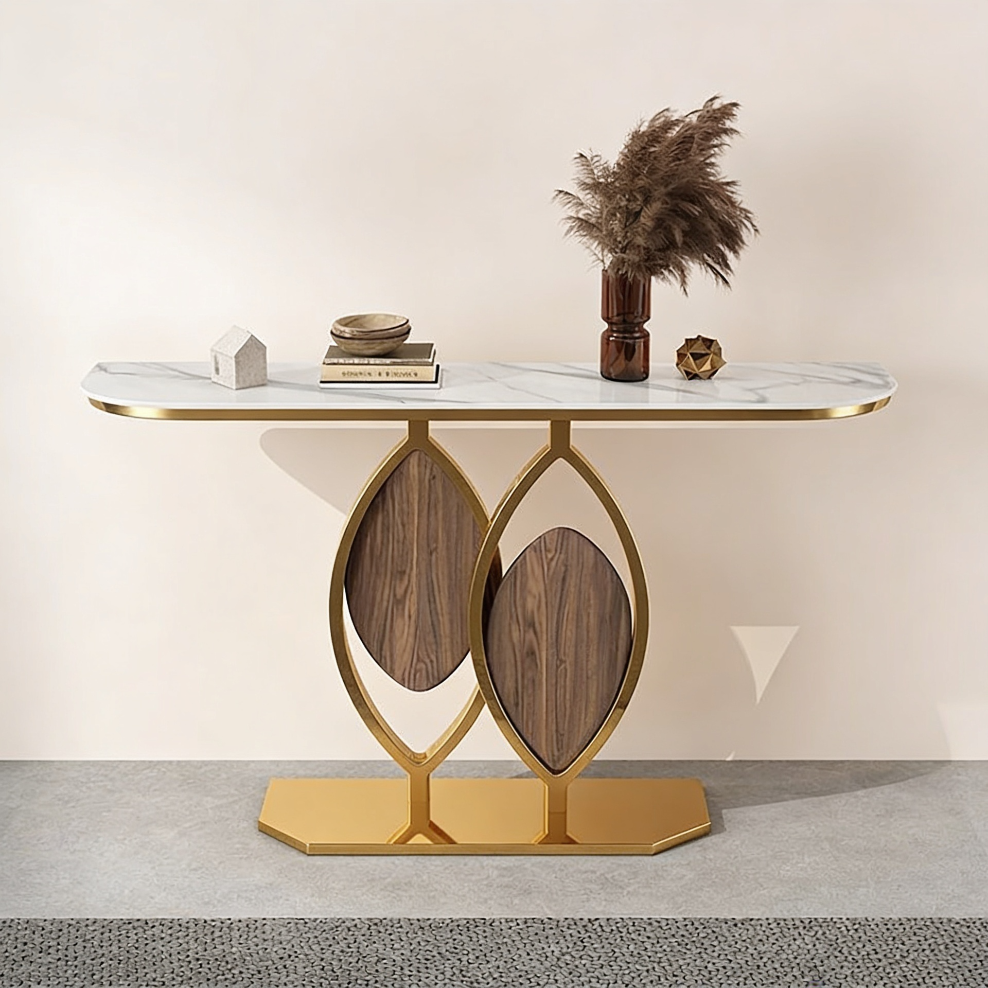 Artistic Console Table with White Marble Top and Leaf Inspired Base