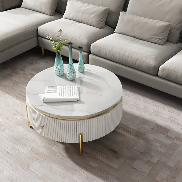 Modern Round Marble Center Table Designed with Textured White Base and Gold Detailing