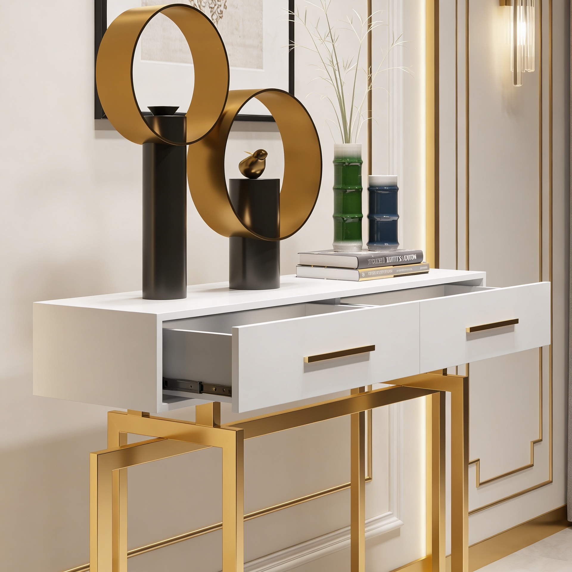 Stylish White Cabinet Table with Metallic Touch