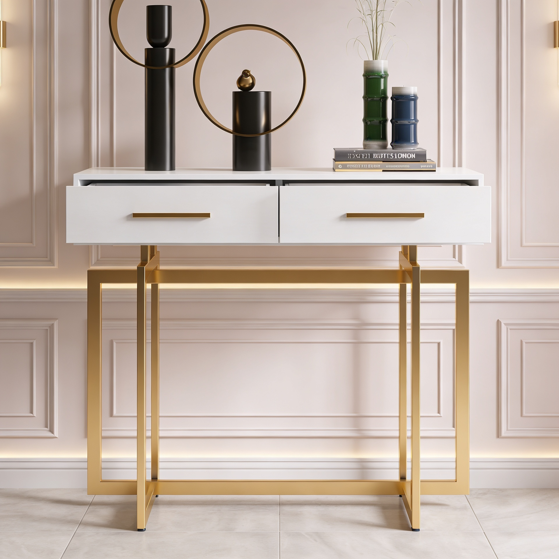 Stylish White Cabinet Table with Metallic Touch