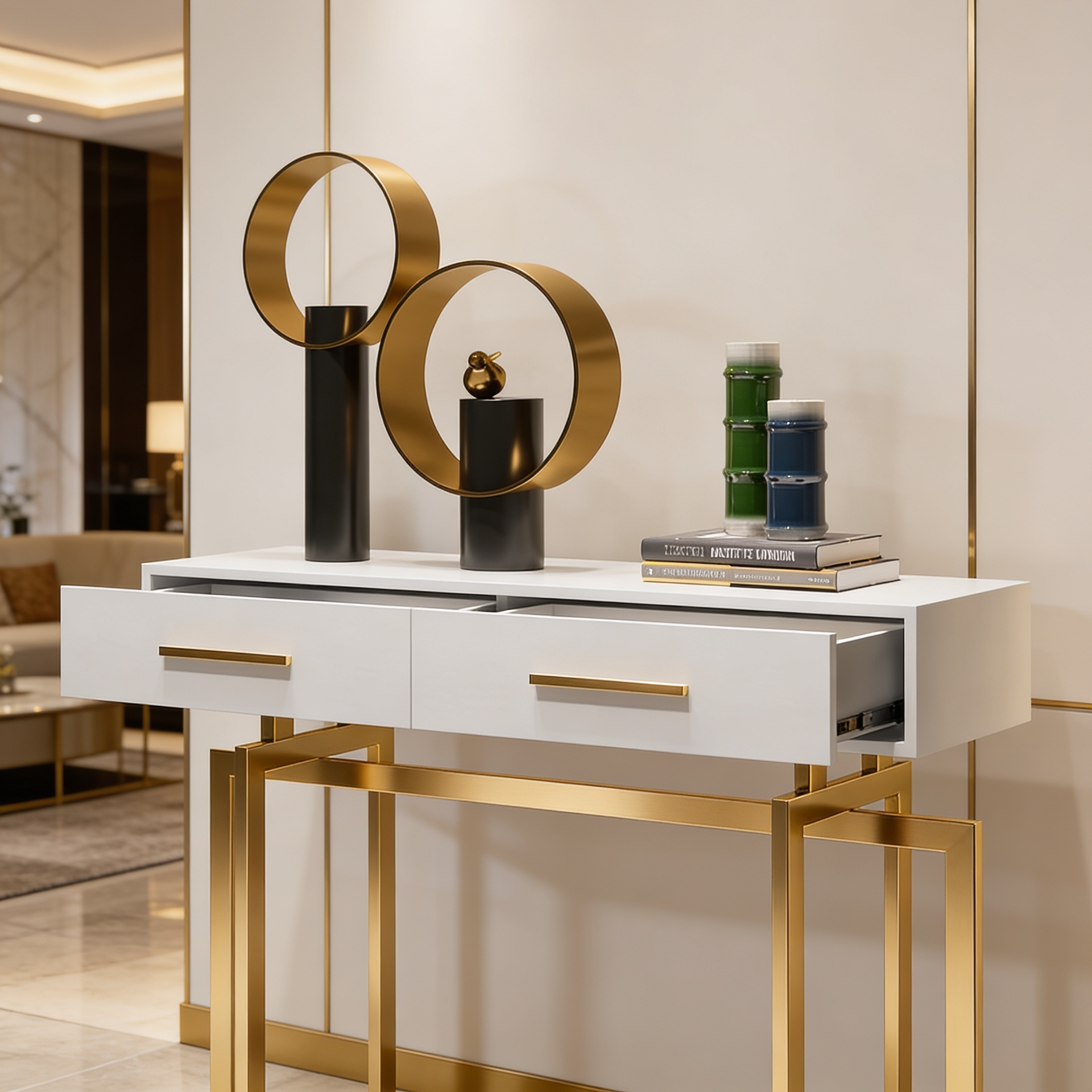 Stylish White Cabinet Table with Metallic Touch