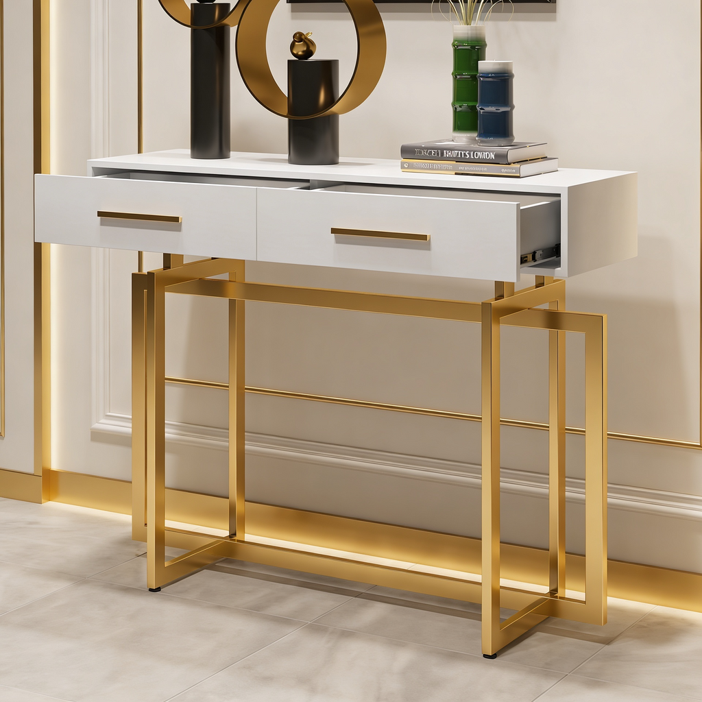 Stylish White Cabinet Table with Metallic Touch