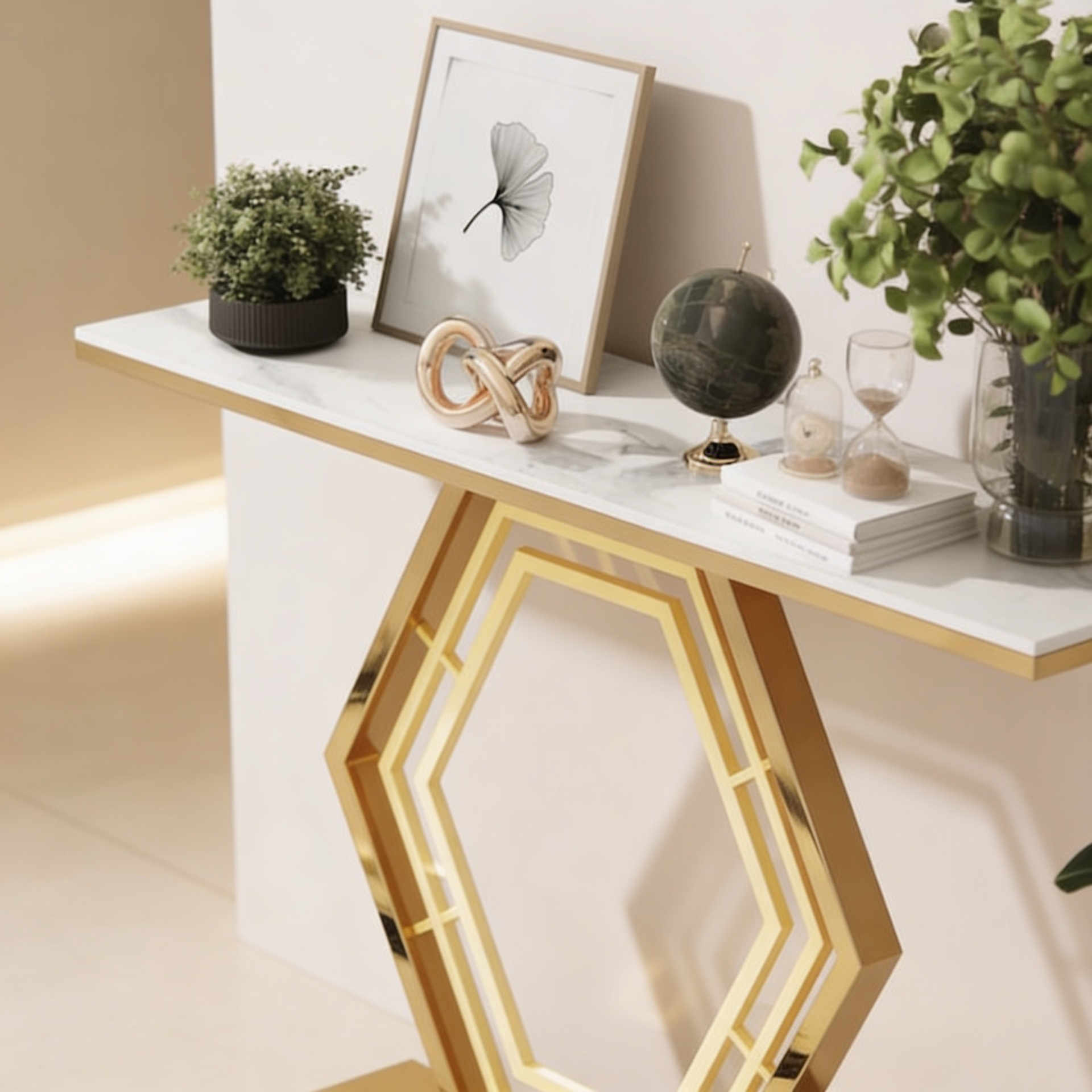 Modern Hexagon Console Table with Gold Inlay and Marble Top