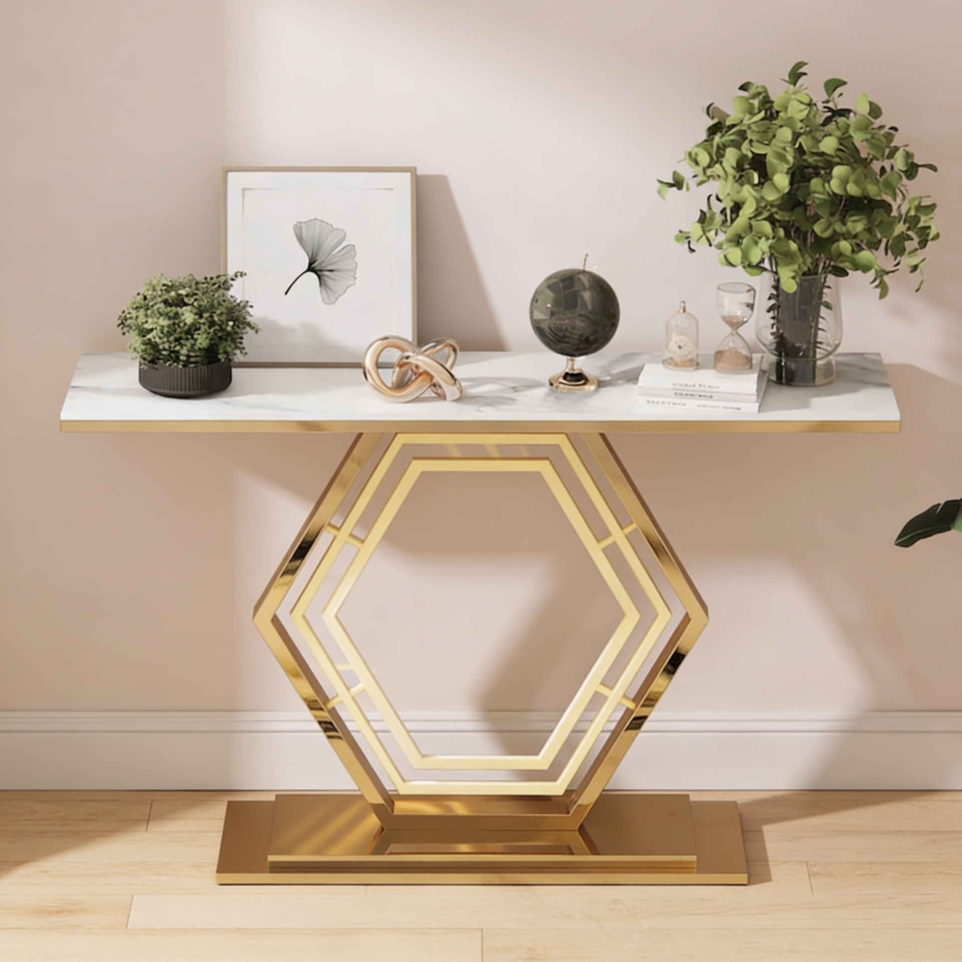 Modern Hexagon Console Table with Gold Inlay and Marble Top