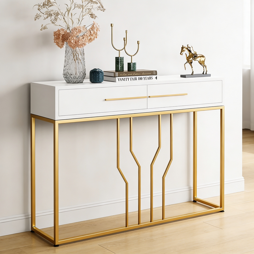 Glossy White Top Console with Modern Gold Detailing