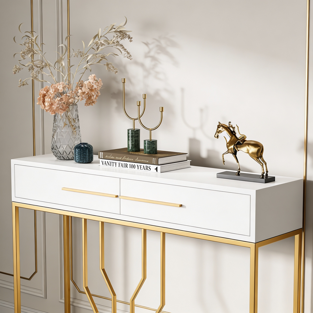 Glossy White Top Console with Modern Gold Detailing