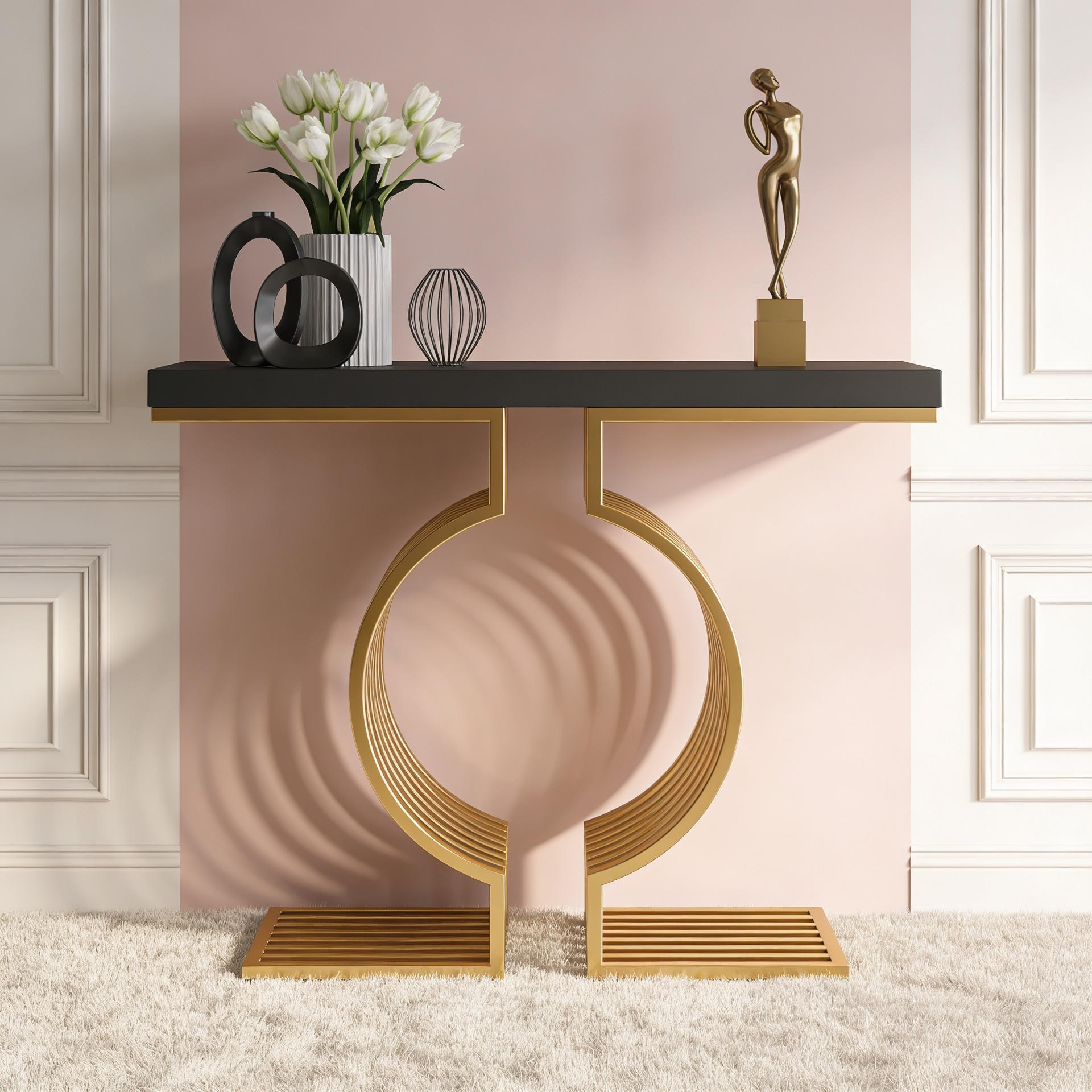 Modern Designer Console Table with Twin Golden Rings