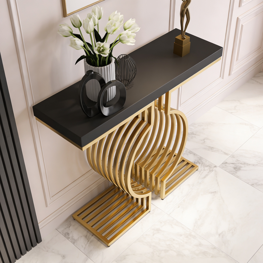Modern Designer Console Table with Twin Golden Rings