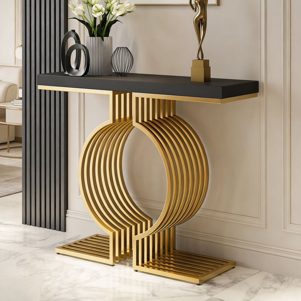 Modern Designer Console Table with Twin Golden Rings