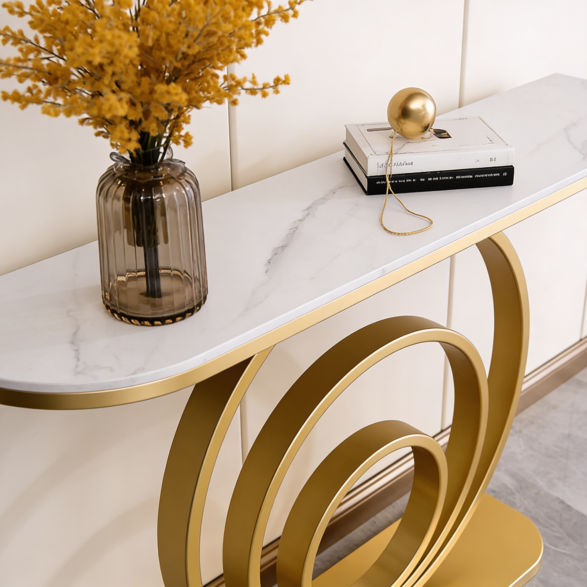 Luxury Gold Accent Console Table with Artistic Circular Design