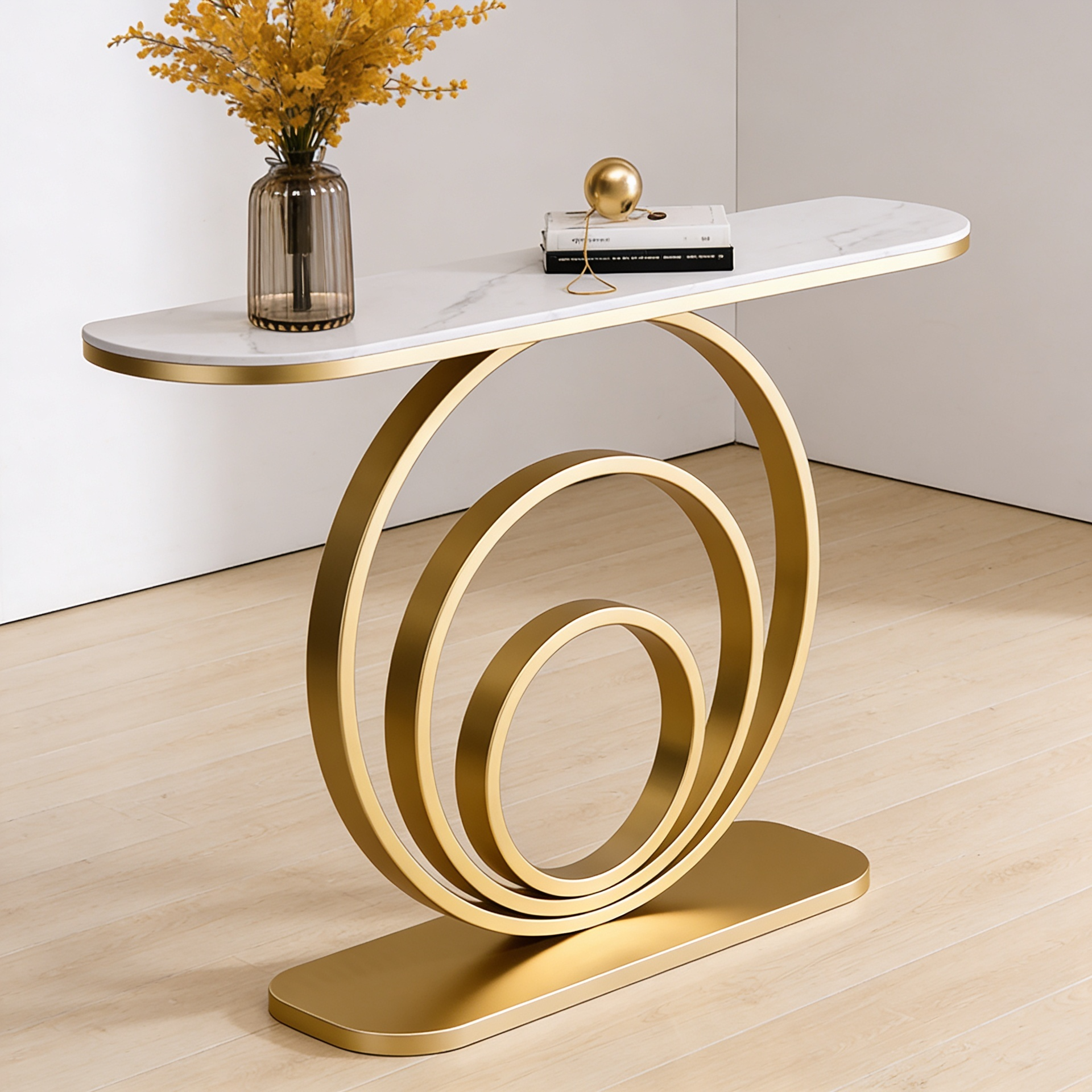 Luxury Gold Accent Console Table with Artistic Circular Design