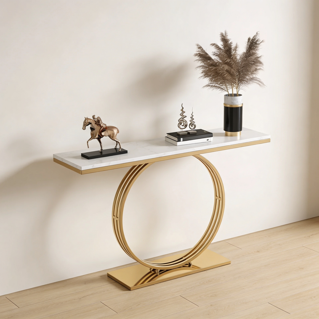 Sophisticated Black Marble Console Table with Gold Circular Base